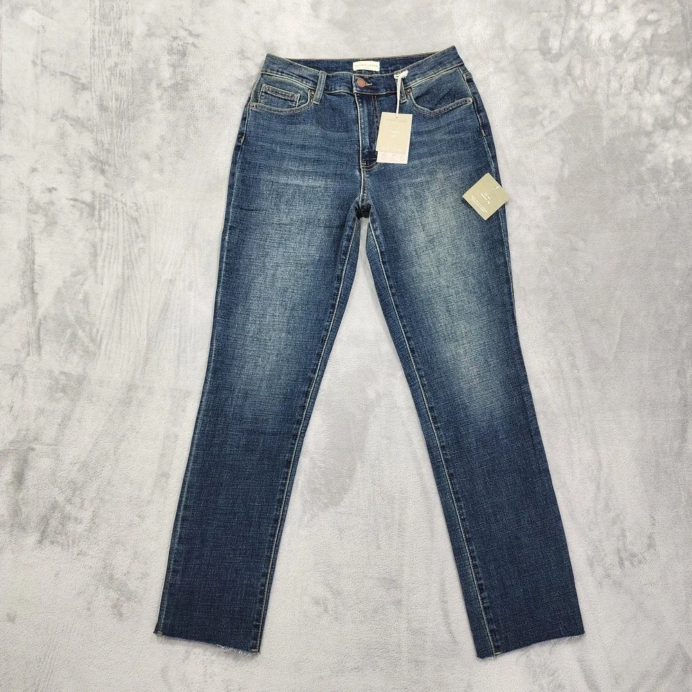 NEW Oliver Logan Jeans Womens 4/27 Blue Crosby Relaxed Taper Raw Hem Stretch - Picture 1 of 13